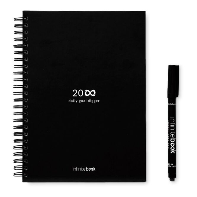 Firmengeschenk Schreibset Infinite Planner A5 – schwarz – mit Logo bedruckt inkl. Tagebuch, Reinigungsset & Marker für den Büroalltag