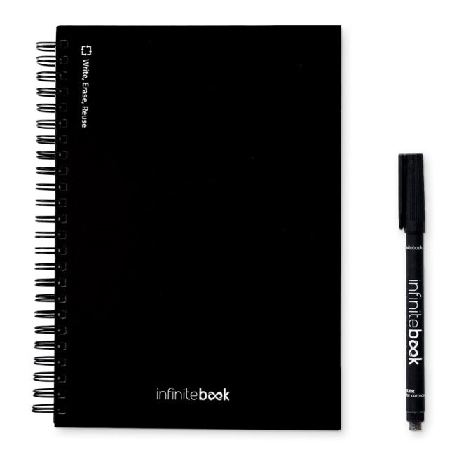 Firmengeschenk Infinitebook A5 – schwarz – mit Logo bedruckt, 4-teiliges Set inklusive Marker für den Büroalltag, 148 x 210 mm