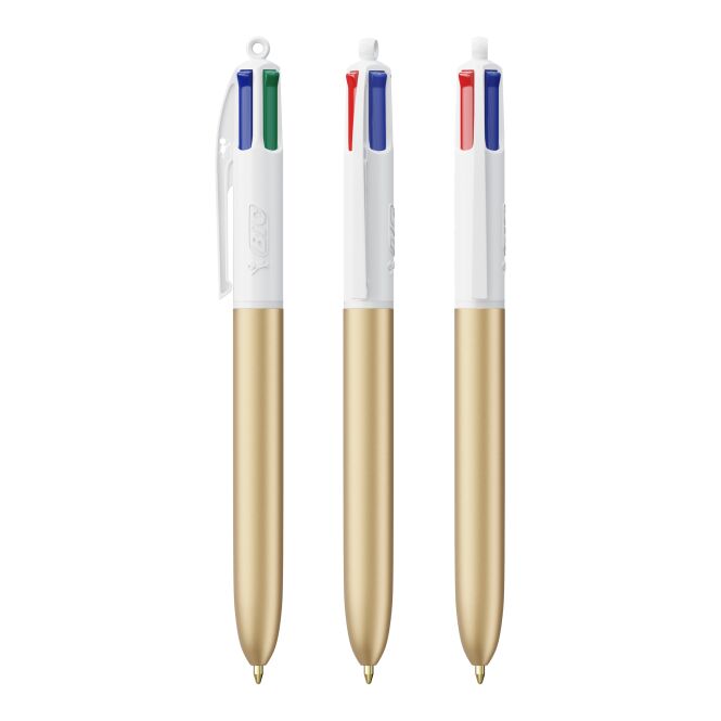 Werbeartikel BIC 4 Colours Glacé Kugelschreiber – weiss-gold – mit Logo bedruckt, 4-farbiger Druckkugelschreiber für den Büroalltag