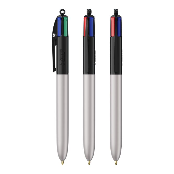 Firmengeschenk BIC 4 Colours Glacé Kugelschreiber – schwarz-silber – mit Logo bedruckt, 4-farbiger Druckkugelschreiber für den Büroalltag