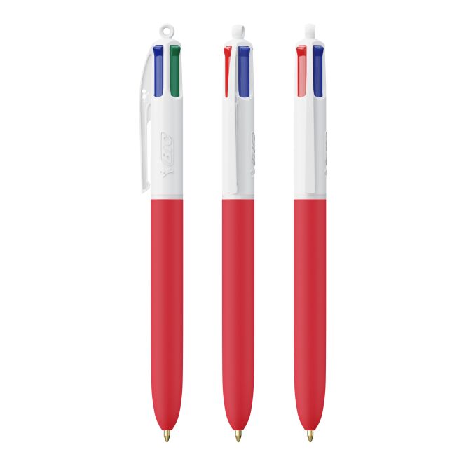 Werbeartikel BIC® 4 Colours Soft – weiss-rot – mit Logo bedruckt als klassischer Druckkugelschreiber für den Büroalltag