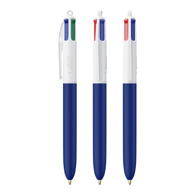Werbeartikel BIC 4 Colours Soft – weiss-marineblau – mit Logo bedruckt als Druckkugelschreiber für den Büroalltag