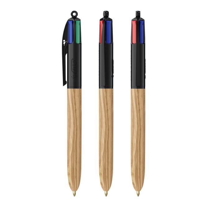 Werbeartikel BIC® 4 Colours Wood Style – schwarz-beige – mit Logo bedruckt als nachhaltiges Giveaway für den Büroalltag