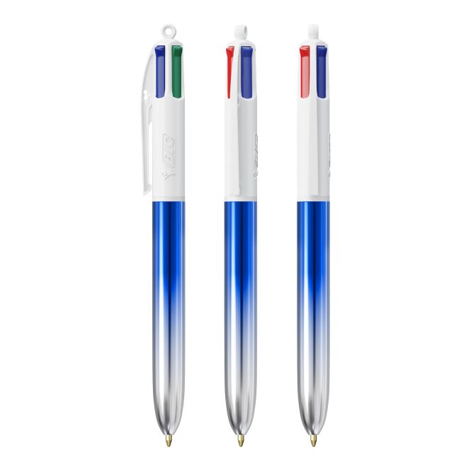 Kundengeschenk BIC 4 Colours Bicolor – blau/silber – mit Logo bedruckt als Mehrfarben-Kugelschreiber für den Büroalltag