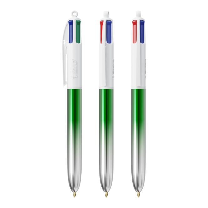 Werbeartikel BIC 4 Colours Bicolor – grün/ silber – mit Logo bedruckt, blau schreibend für die Büroausstattung