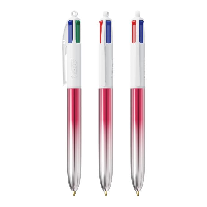 Werbeartikel BIC® 4 Colours® Bicolor – pink – mit Logo bedruckt, 4-farbig schreibend als nachhaltiger Druckkugelschreiber für Konferenzen