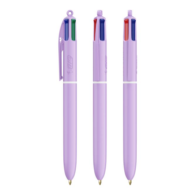 Werbeartikel BIC® 4 Colours® Pastel – pastelllila – mit Logo bedruckt, 4-farbig schreibend als nachhaltiges Giveaway für den Büroalltag