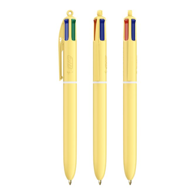 Streuartikel BIC® 4 Colours® Pastel – gelb – mit Logo bedruckt, nachhaltig, vierfarbig schreibend für den Büroalltag