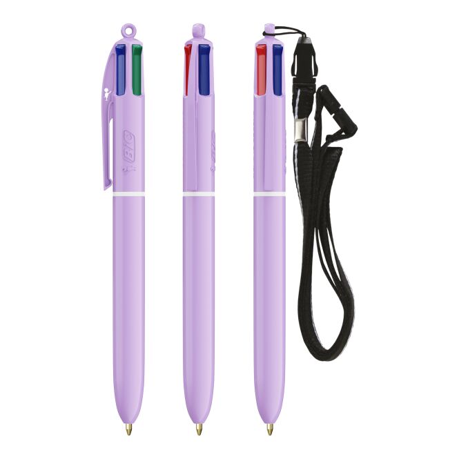 Mitarbeitergeschenk Kugelschreiber BIC 4 Colours Pastel – pastelllila – mit Logodruck 8.000m Schreiblänge Mehrfarbstift für Firmen