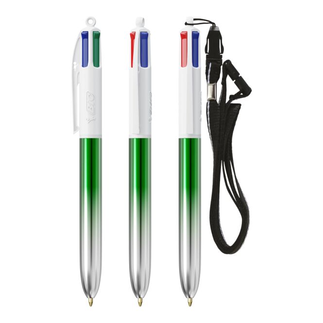 Werbeartikel BIC® 4 Colours® Bicolor mit Lanyard – grün/ silber – mit Logo bedruckt 4-Farben-Druckkugelschreiber als Messe-Giveaway