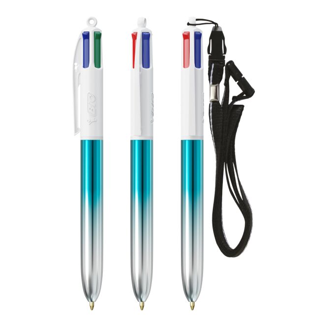 Werbeartikel BIC® 4 Colours® Bicolor + Lanyard – türkis – mit Logo bedruckt, 4-farbig schreibend für den Büroalltag