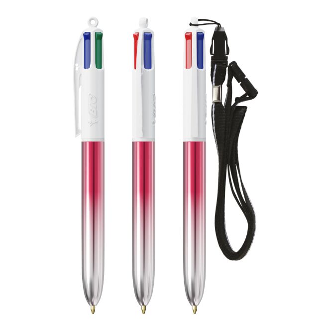 Werbeartikel BIC® 4 Colours® Bicolor + Lanyard – pink – mit Logo bedruckt blau schwarz rot grün schreibend für den Büroalltag