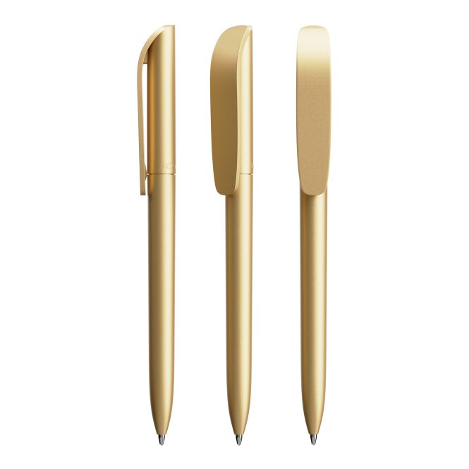 Kundengeschenk BIC Super Clip Glacé – gold – mit Logo bedruckt blau schreibender Drehkugelschreiber für den Büroalltag
