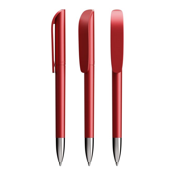 Firmengeschenk BIC® Super Clip Glacé Advance – transparent rot – mit Logo bedruckt, blau schreibender Druckkugelschreiber für den Büroalltag