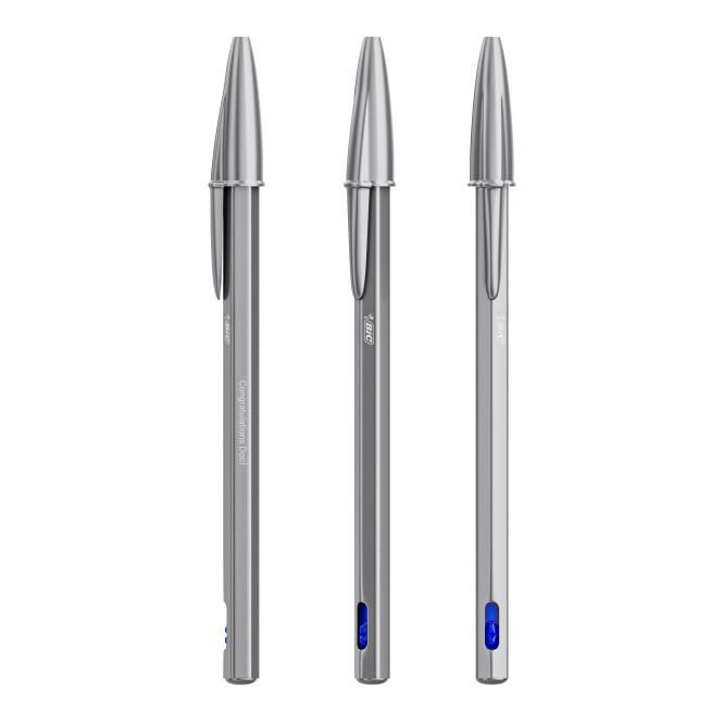 Premium-Werbeartikel BIC® Cristal® Re New – silber – mit Logo bedruckt, nachhaltig, blau schreibend für den Büroalltag