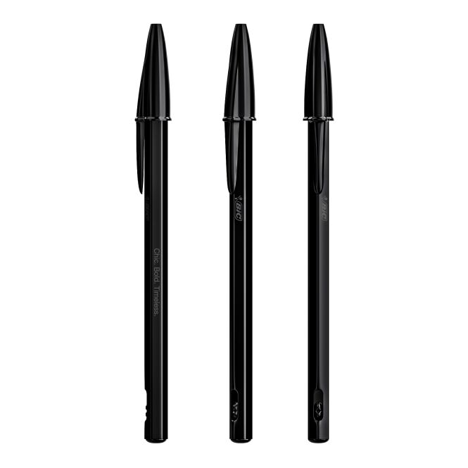 Firmengeschenk Metall-Kugelschreiber BIC Cristal Re'New – schwarz – mit Gravur blau & schwarz schreibend für die Büroausstattung