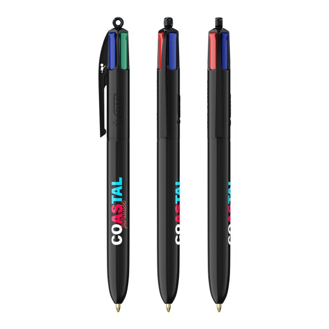 Werbeartikel BIC® 4 Colours BritePix Digital – schwarz – mit Logo bedruckt, 4-farbig, Druckkugelschreiber als Messe-Giveaway
