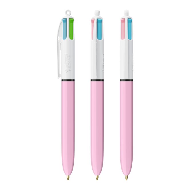 Werbeartikel BIC® 4 Colours Fashion Kugelschreiber – weiss-pastelllila – mit Logo bedruckt mit 4 Schreibfarben für den Büroalltag