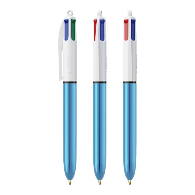 Werbeartikel BIC 4 Colours Shine Kugelschreiber – weiss-blaumetallic – mit Logo bedruckt, 4-farbig schreibend für den Büroalltag