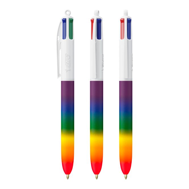 Werbeartikel BIC® 4 Colours® Rainbow Decor – rot-grün-silber-rot – mit Logo bedruckt, 4-farbig schreibend für den Büroalltag