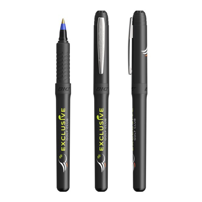 Kundengeschenk BIC Grip Roller – schwarz-hellgrau – mit Logo bedruckt schwarz schreibend für den Büroalltag