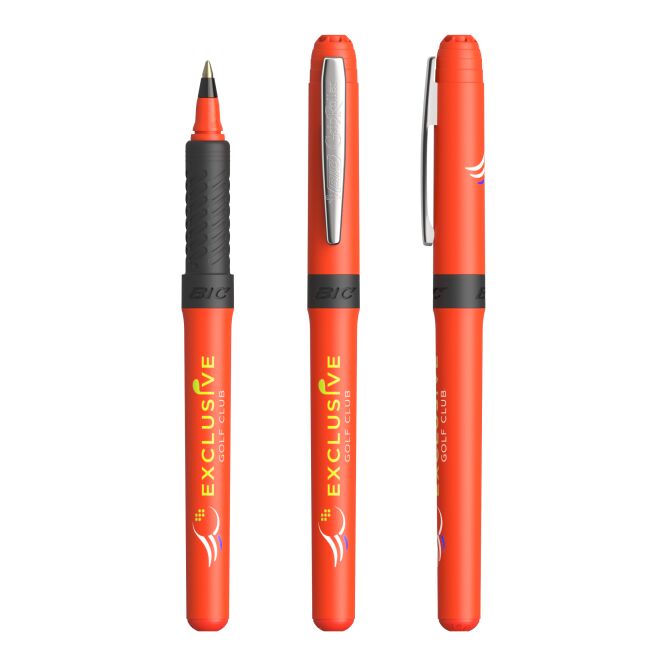 Werbeartikel BIC Grip Roller – orange-hellgrau – mit Logo bedruckt blau schreibend als Messe-Giveaway für den Büroalltag
