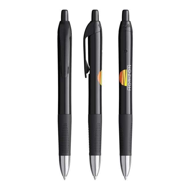 Kundengeschenk BIC® Intensity® Gel Clic – schwarz – mit Logo bedruckt, blau schreibend, Druckkugelschreiber für den Büroalltag
