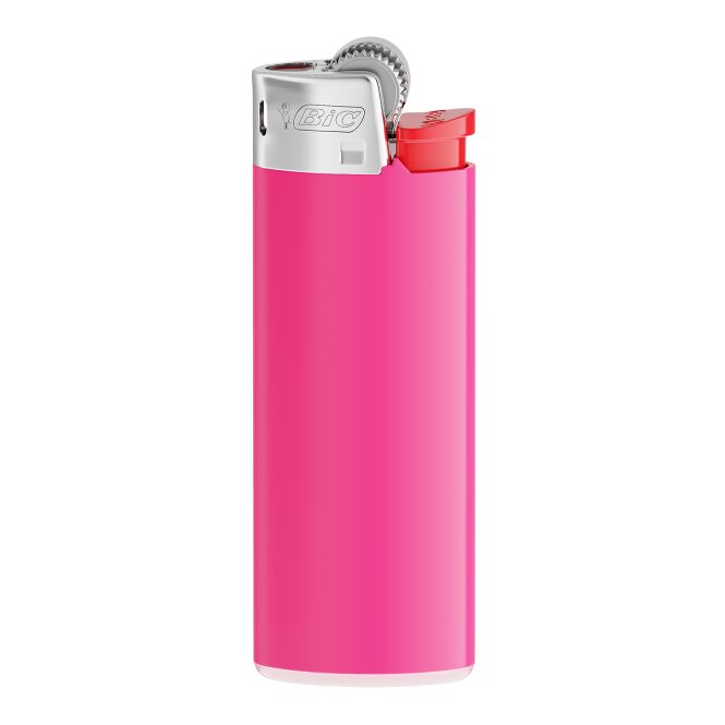 Werbegeschenk BIC J25 Standard Feuerzeug – pink-weiss-rot-hellgrau – mit Logo bedruckt, mit Reibrad-Zündung, als Giveaway für Events