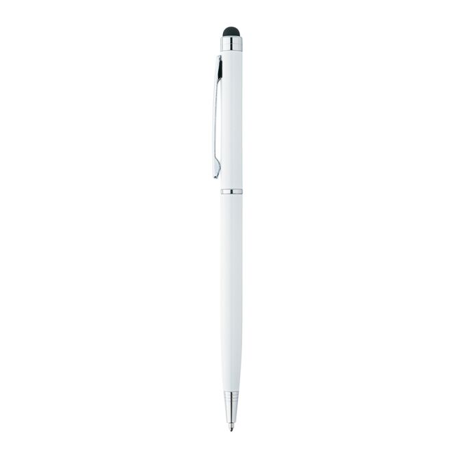 Werbeartikel Sleek Stylus Kugelschreiber – weiss – mit Logo bedruckt, mit Touchpad-Spitze für Smartphones, blau schreibend für den Büroalltag
