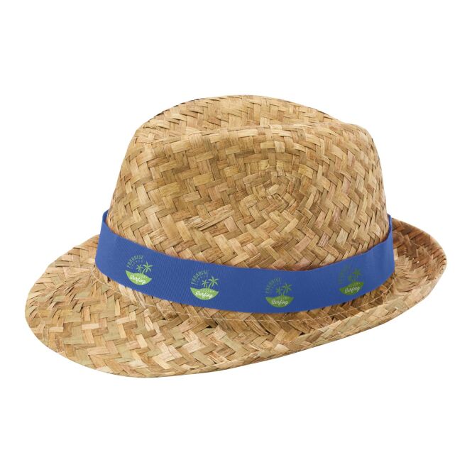 Mitarbeitergeschenk Strohhut Pricus – royalblau-natur – mit Logo bedruckt 100% natürliches Stroh 58cm nachhaltiges Sommeraccessoire