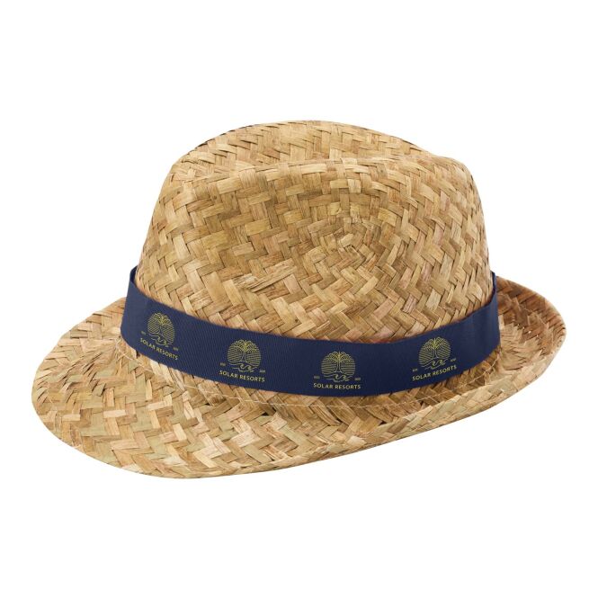 Mitarbeitergeschenk Strohhut Pricus – navy-natur – mit Logo bedruckt 100% natürliches Stroh 58cm nachhaltige Kopfbedeckung für Messen