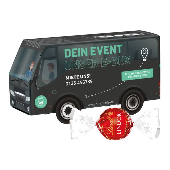 Streuartikel 3D Präsent Bus – süßigkeiten – mit individuellem Etikett für Messen und Events als Werbemittel für Kunden und Geschäftspartner