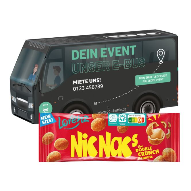 Streuartikel 3D-Präsent Bus – süße füllung – mit individueller Banderole als Werbemittel für Kunden und Geschäftspartner auf Messen und Events