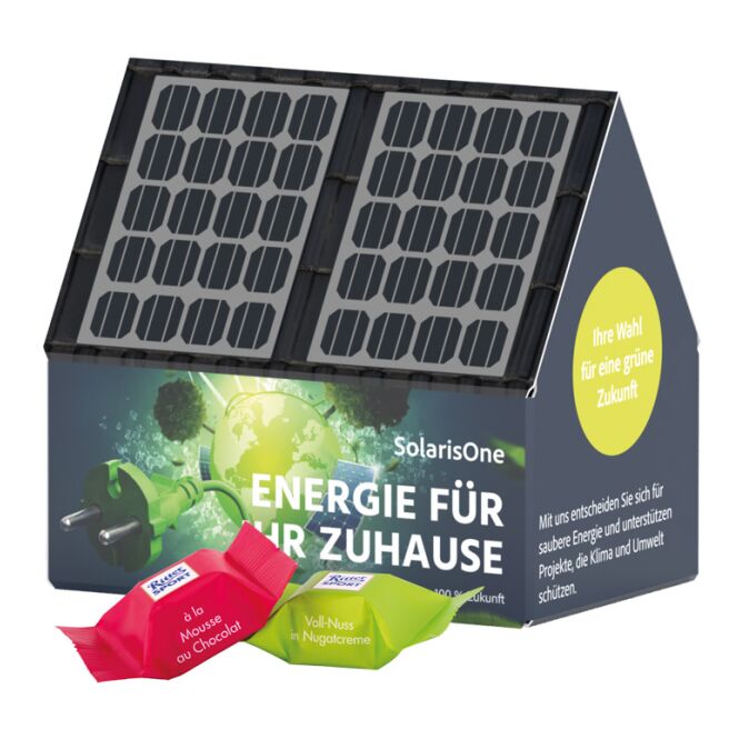 Firmengeschenk 3D-Haus – weiß – mit Logo bedruckt aus Karton, individuelles Werbemittel für Messen & Events
