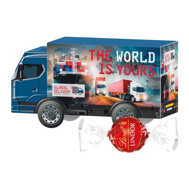 Streuartikel 3D LKW Karton – süße füllung – mit individuellem Werbeaufdruck für Messen und Events zur Kundenakquise für Geschäftspartner