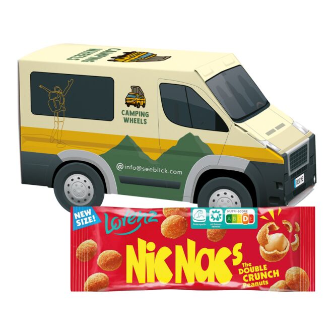 Streuartikel 3D Präsent Transporter – süßigkeiten – mit individuellem Etikett 1 Stück als Werbegeschenk für Kunden und Partner auf Messen