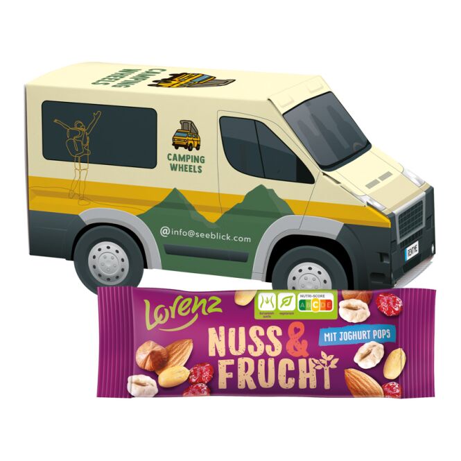 Streuartikel 3D Präsent Transporter – mit süßer füllung – inkl. Werbeaufdruck für messen als give-away für potenzielle kunden und geschäftspartner
