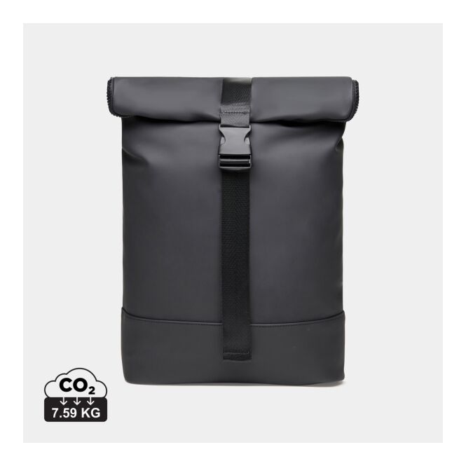 Mitarbeitergeschenk Fahrradtasche VINGA Baltimore – schwarz – mit Logo bedruckt, veganes Nubuk-PU, 17 Zoll Laptopfach