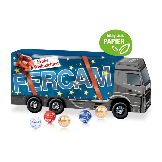 Firmengeschenk Lindt 3D Adventskalender LKW – weihnachtlich – mit bedrucktem Etikett als Weihnachtsgeschenk für Kunden und Partner