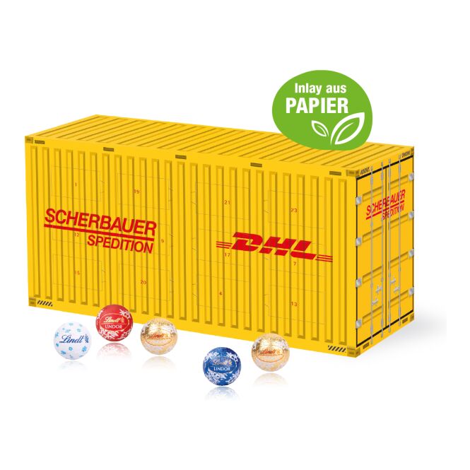 Firmengeschenk Lindt 3D Adventskalender Container – weihnachtlich – mit bedrucktem Etikett ca. 120g als Weihnachtsgeschenk für Kunden