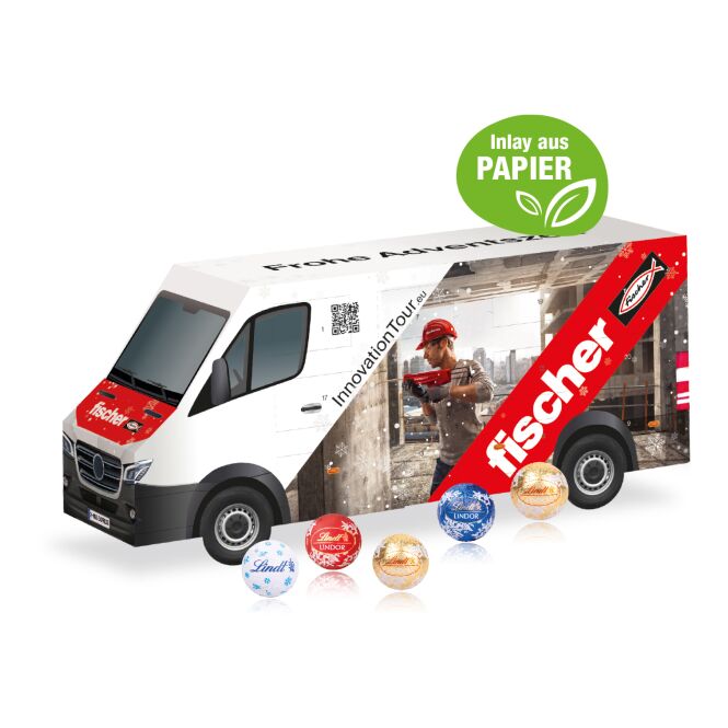 Firmengeschenk Lindt 3D Adventskalender Transporter – weihnachten – mit individueller Banderole 75g als Weihnachtsgeschenk für Kunden und Partner
