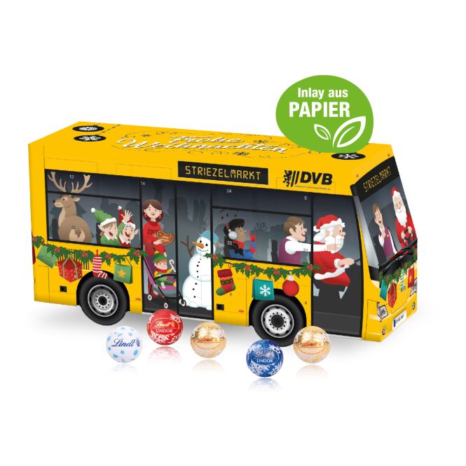 Firmengeschenk Lindt 3D Adventskalender Bus – weihnachten – mit bedrucktem Etikett ca. 100g als Weihnachtsgeschenk für Kunden und Partner