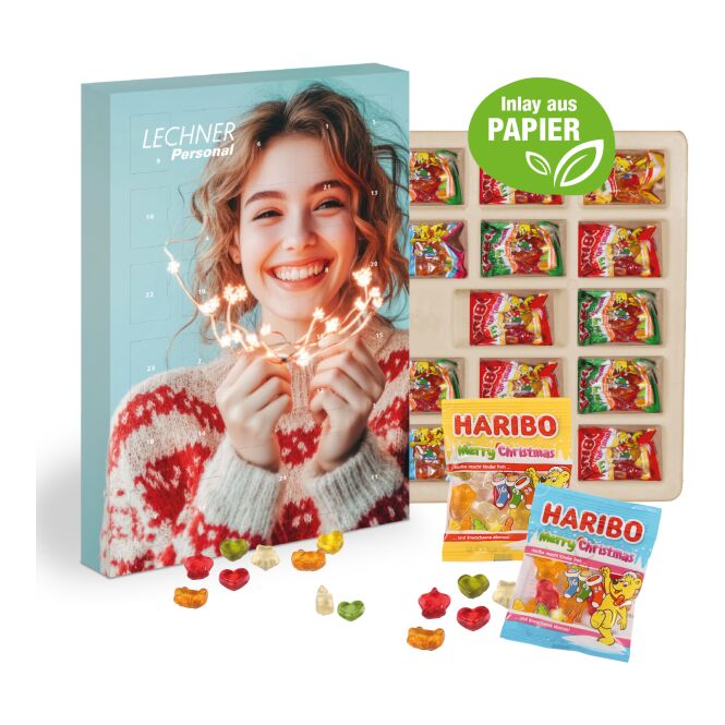 Firmengeschenk Haribo Adventskalender – bunt – mit Logo bedruckt 240g als Weihnachtsgeschenk für Kunden und Partner
