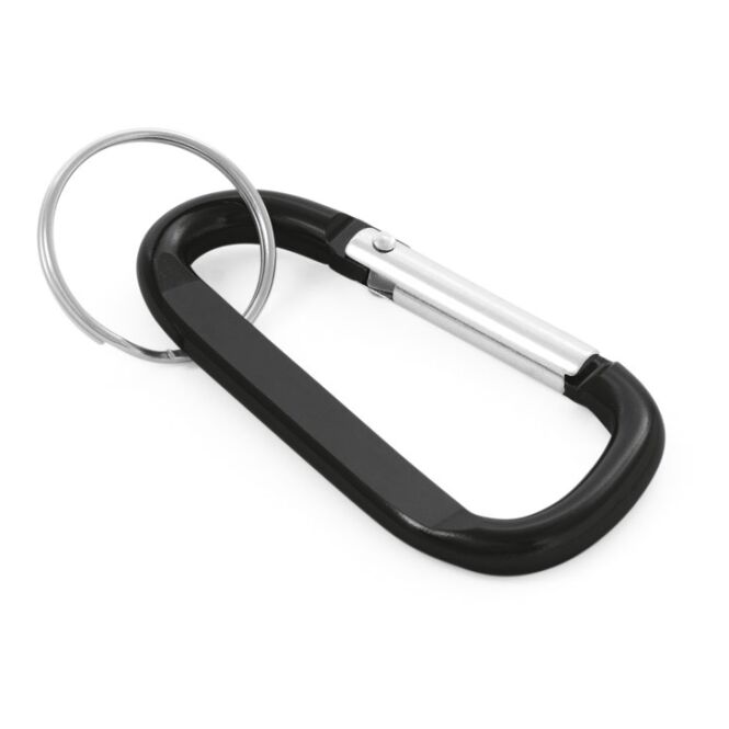 Werbeartikel Karabinerclip MATTHEW – schwarz – mit Logo bedruckt aus Aluminium 60 x 32 x 5 mm für Messen und Firmen-Schlüsselbund