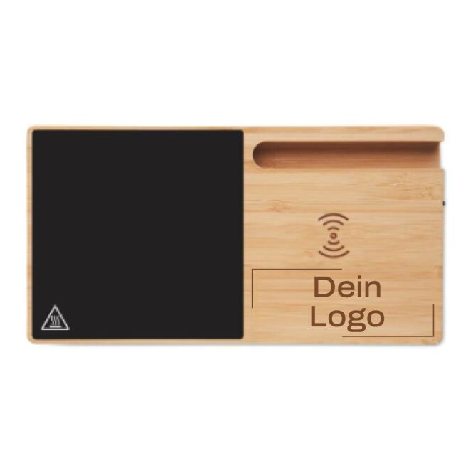 Kundengeschenk Wireless Charger Bambus – holzfarben – mit Logo bedruckt 15W für das Homeoffice nachhaltig