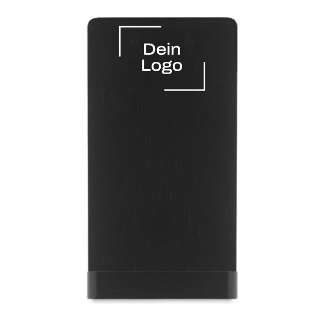 Firmengeschenk Wireless Charger Bambus wire & stand – schwarz – mit Logo bedruckt nachhaltig für das Homeoffice