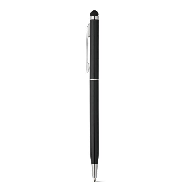 Premium-Werbeartikel ZOE BK. Kugelschreiber aus Aluminium – schwarz – mit Gravur Drehkugelschreiber mit Touchpen schwarz schreibend für den Büroalltag 8x135mm