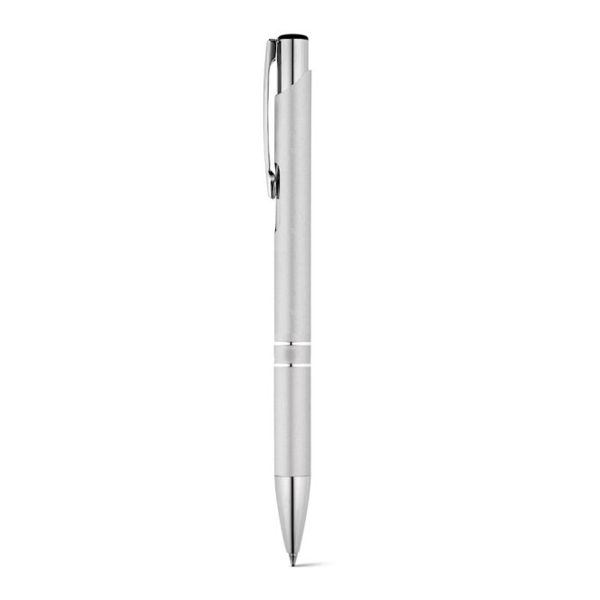 Premium-Werbeartikel BETA BK. Aluminium-Kugelschreiber – satinsilber – mit Gravur schwarz schreibend für den Büroalltag ø10 x 137 mm