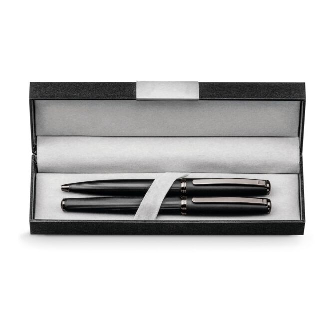 Firmengeschenk Schreibset IMPERIO – schwarz – mit Gravur 2-teilig mit Kugelschreiber & Tintenroller im Etui ø13x137mm blau schreibend für Konferenzen