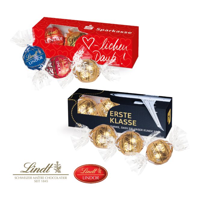 Firmengeschenk Lindt Lindor – bunt – mit individuellem Etikett 3er als hochwertiges Weihnachtsgeschenk für Kunden und Partner